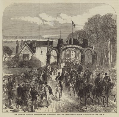 La revisione dei volontari a Portsmouth, il 1° Artiglieria del Middlesex che passa attraverso Cosham il Venerdì Santo da Sir John Charles Robinson